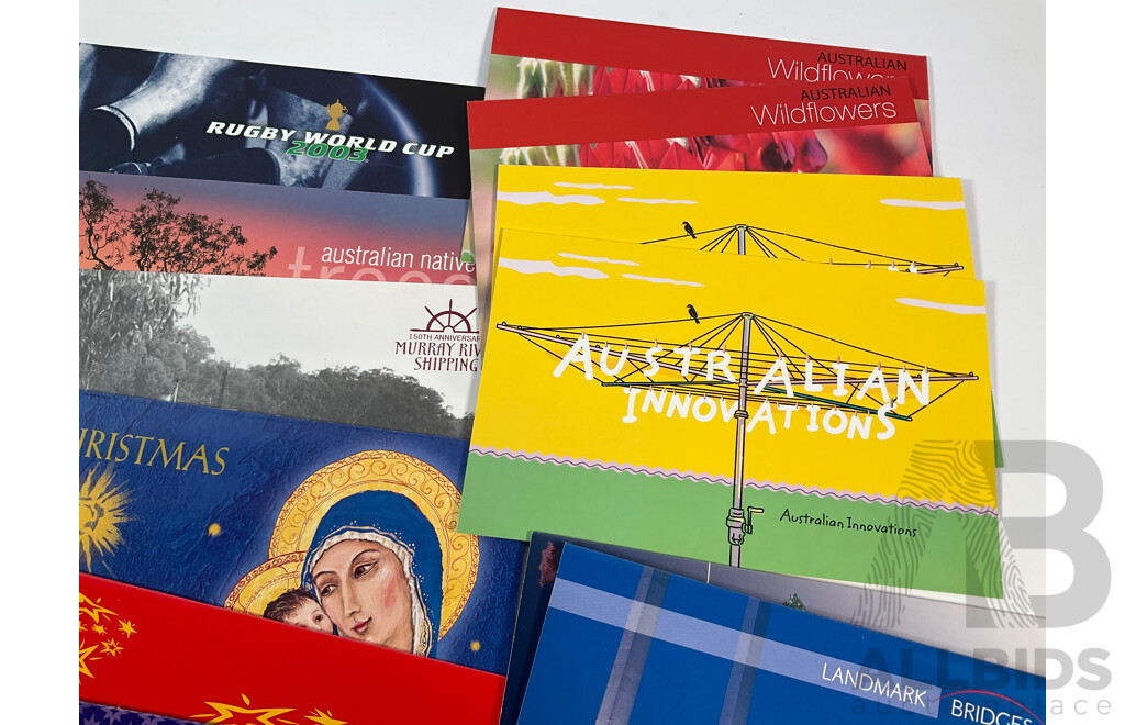 Forty Two Australian Mint Stamp Packs Including Australian Innovations, Tasmania 1804-2004, Treasures From the Archives, 150th Anniversary Railways in Australia, Sports Treasures  and More, Face Value Approximately $185