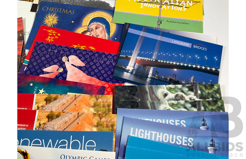 Forty Two Australian Mint Stamp Packs Including Australian Innovations, Tasmania 1804-2004, Treasures From the Archives, 150th Anniversary Railways in Australia, Sports Treasures  and More, Face Value Approximately $185