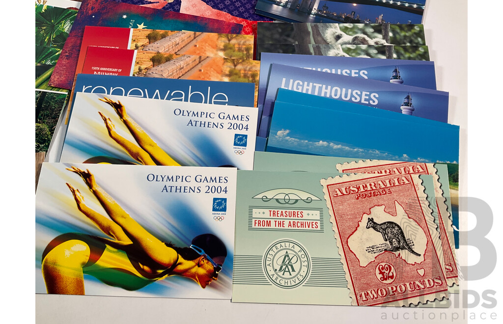 Forty Two Australian Mint Stamp Packs Including Australian Innovations, Tasmania 1804-2004, Treasures From the Archives, 150th Anniversary Railways in Australia, Sports Treasures  and More, Face Value Approximately $185