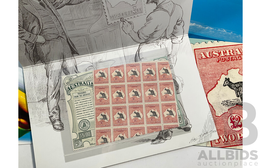 Forty Two Australian Mint Stamp Packs Including Australian Innovations, Tasmania 1804-2004, Treasures From the Archives, 150th Anniversary Railways in Australia, Sports Treasures  and More, Face Value Approximately $185
