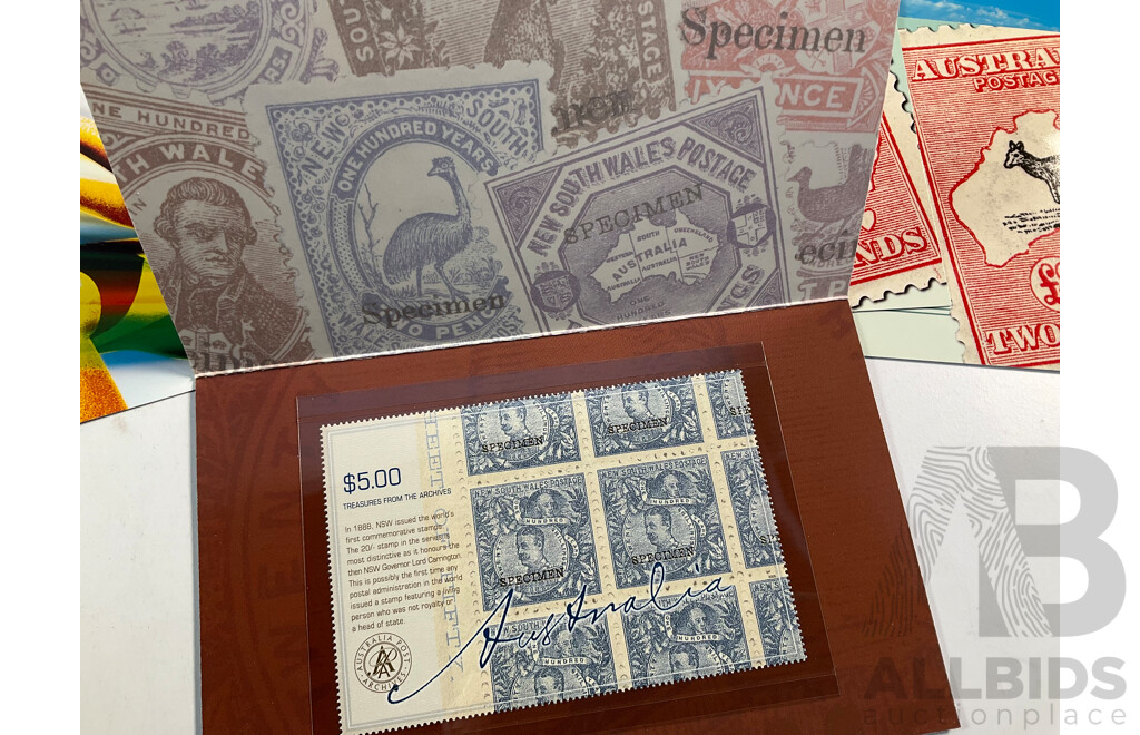 Forty Two Australian Mint Stamp Packs Including Australian Innovations, Tasmania 1804-2004, Treasures From the Archives, 150th Anniversary Railways in Australia, Sports Treasures  and More, Face Value Approximately $185
