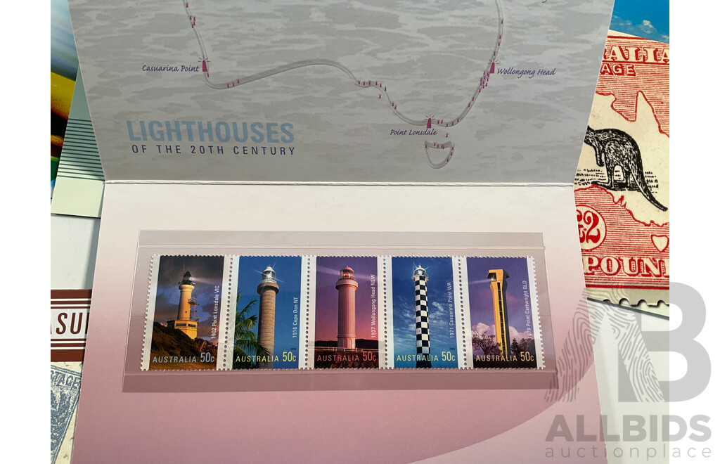 Forty Two Australian Mint Stamp Packs Including Australian Innovations, Tasmania 1804-2004, Treasures From the Archives, 150th Anniversary Railways in Australia, Sports Treasures  and More, Face Value Approximately $185