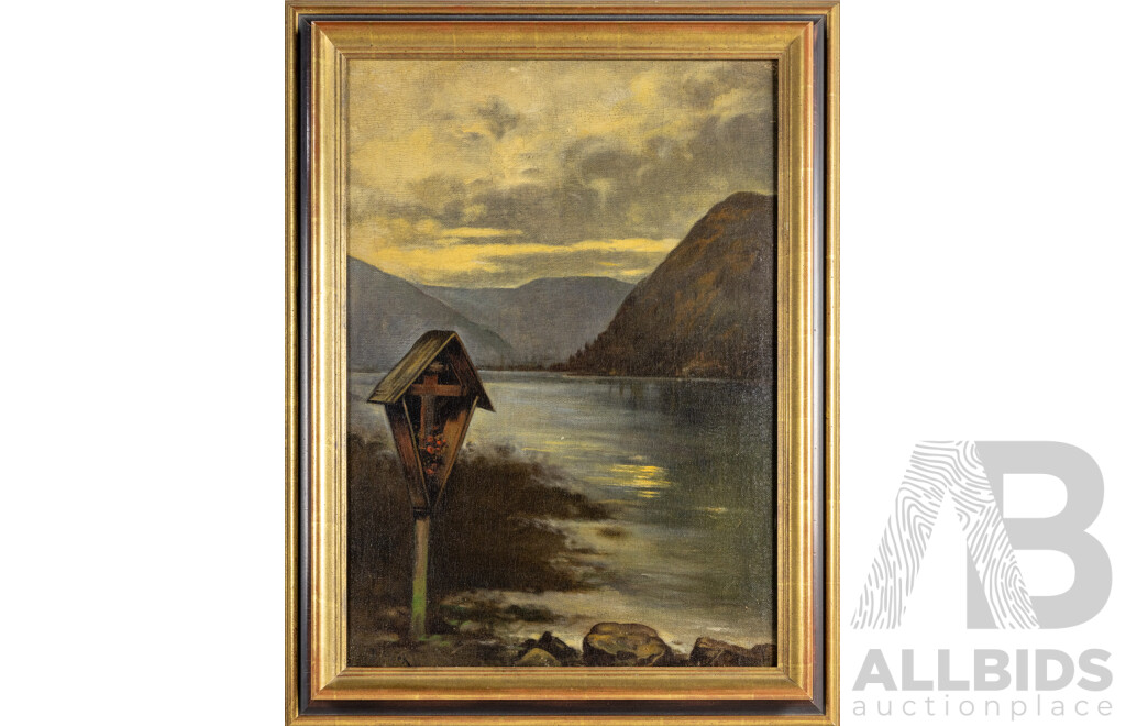 D.Hoek (20th Century), Votive Shrine by Water, Original Vintage Oil on Canvas, 81H x 62W cm (frame)