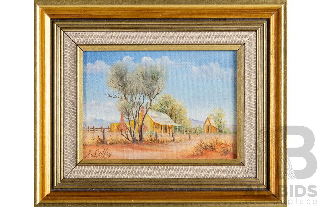 Sue Coffey, (20th Century, Australian), Western Homestead (1988), Original Miniature Oil on Canvas Board, 23H x 27W cm (frame)