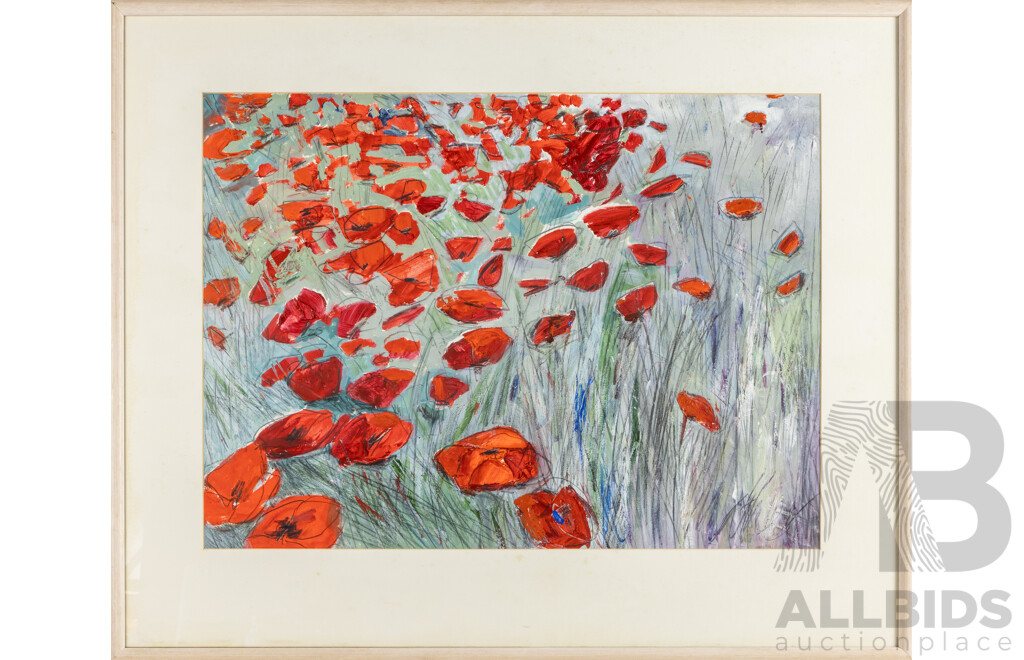 Gai Mather (20th Century, Australian), Poppies in the Grass (1991), Original Mixed Media on Paper, 81H x 98W cm (frame)