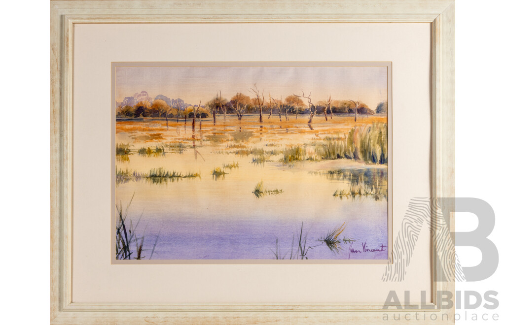 Jan Vincent (20th Century, Australian, 1935-), Macquarie Marshes, Original Watercolour, 78H x 96W cm (frame)