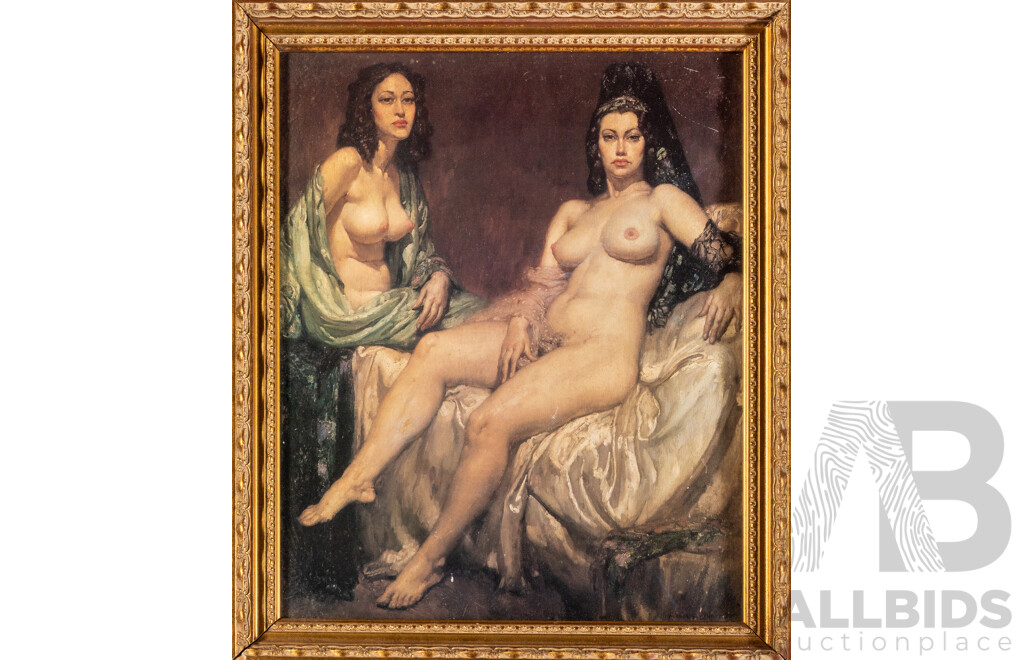 Norman Lindsay (19/20th Centuries, Australian,1879-1969), Two Models, Vintage Reproduction Colour Print After Original Oil (^c1936), 53H x 45W cm (frame),