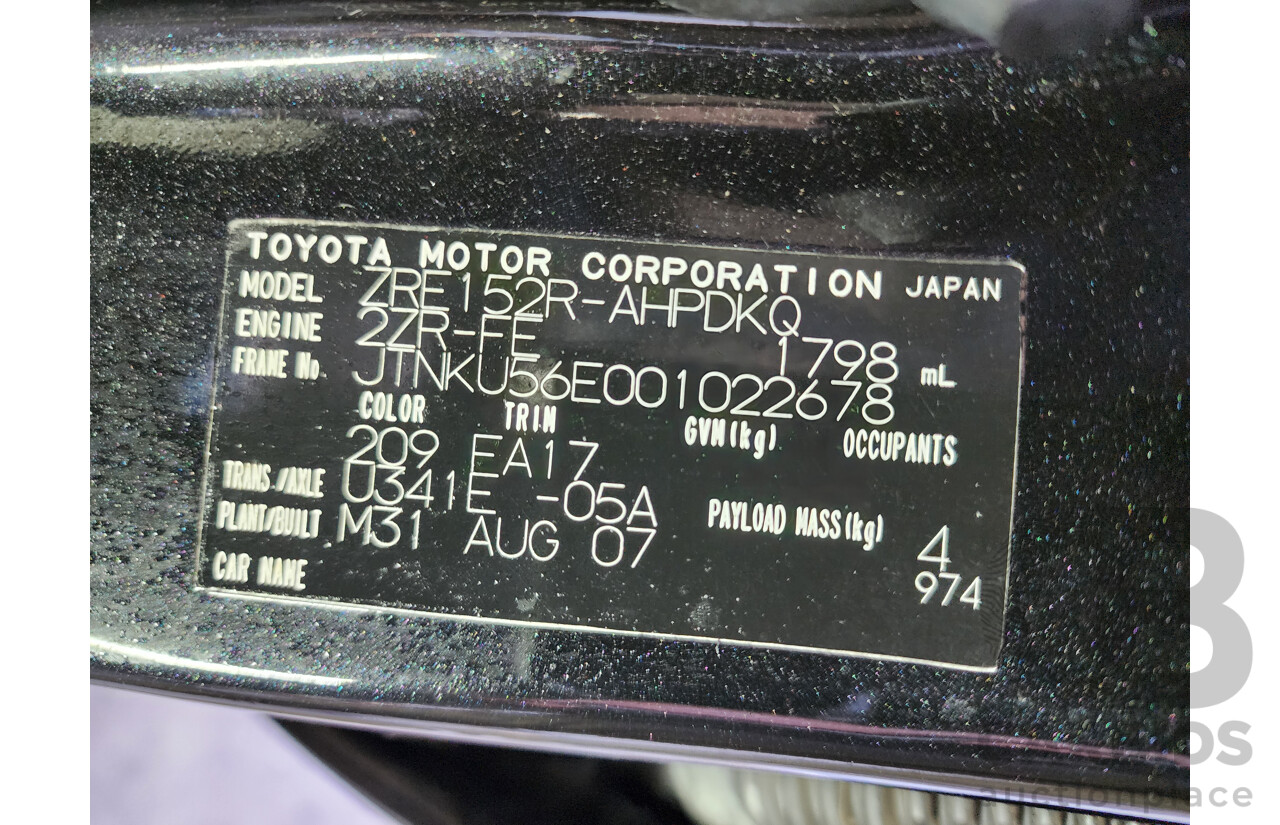 09/2007 Toyota Corolla Conquest ZRE152R 5d Hatchback Black 1.8L