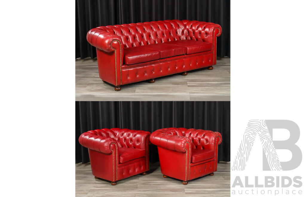 Vintage Red Leather Three Piece Chesterfield Style Lounge Suite