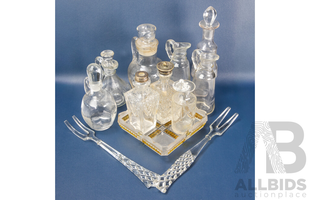 Collection of Antique Glassware Including Oil and Vinegar Pitchers, Cruet Pourers, Etched and Cut Glass, Frosted/Amber Berry Bowl, Glass Salad Serving Forks