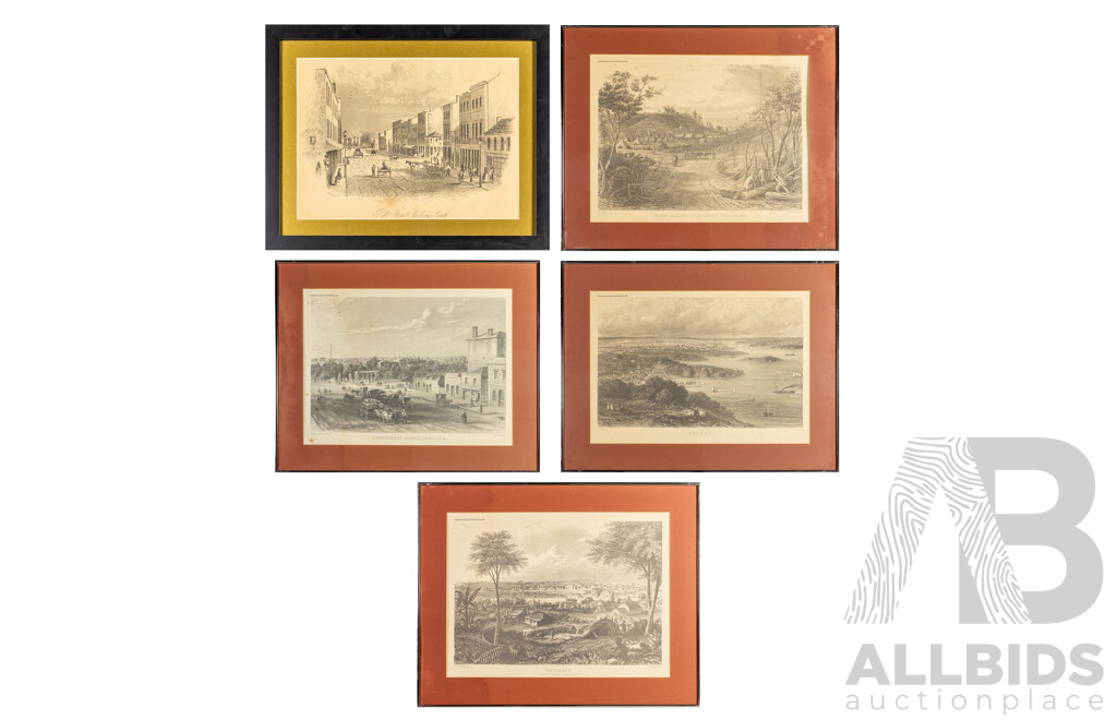 Varied Artists (19/20th Centuries), Sydney, Brisbane, Port Darwin, Govt. House Adelaide and Pitt St, Lot of Five Framed Historical Australian Vintage Prints After Mid-18th Century Engravings, 66H x 82W cm (largest) (5)