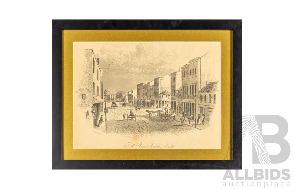 Varied Artists (19/20th Centuries), Sydney, Brisbane, Port Darwin, Govt. House Adelaide and Pitt St, Lot of Five Framed Historical Australian Vintage Prints After Mid-18th Century Engravings, 66H x 82W cm (largest) (5)