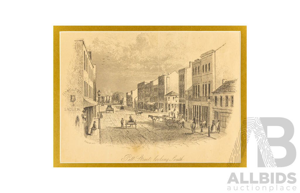 Varied Artists (19/20th Centuries), Sydney, Brisbane, Port Darwin, Govt. House Adelaide and Pitt St, Lot of Five Framed Historical Australian Vintage Prints After Mid-18th Century Engravings, 66H x 82W cm (largest) (5)