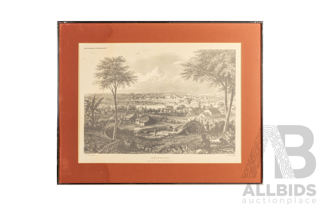 Varied Artists (19/20th Centuries), Sydney, Brisbane, Port Darwin, Govt. House Adelaide and Pitt St, Lot of Five Framed Historical Australian Vintage Prints After Mid-18th Century Engravings, 66H x 82W cm (largest) (5)