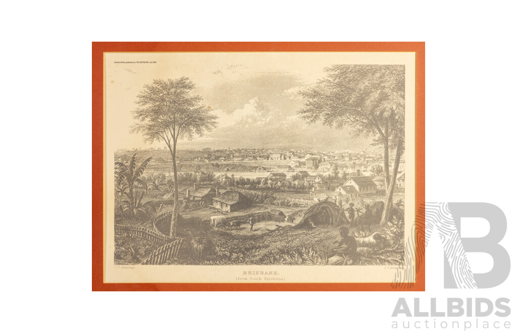 Varied Artists (19/20th Centuries), Sydney, Brisbane, Port Darwin, Govt. House Adelaide and Pitt St, Lot of Five Framed Historical Australian Vintage Prints After Mid-18th Century Engravings, 66H x 82W cm (largest) (5)