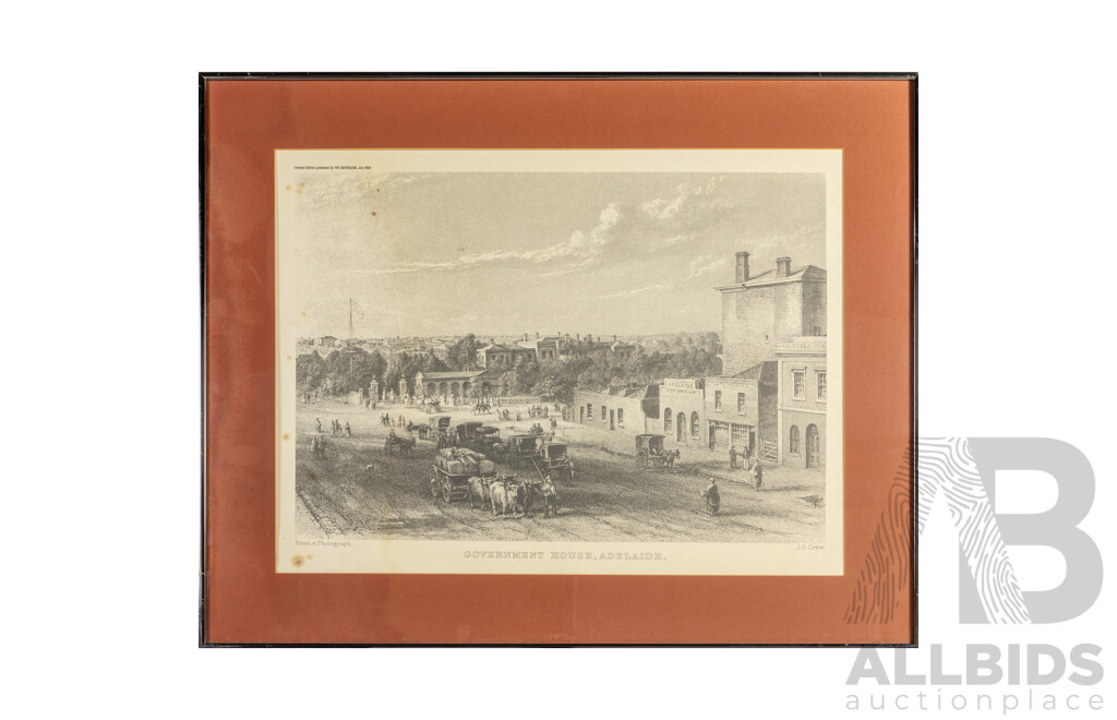 Varied Artists (19/20th Centuries), Sydney, Brisbane, Port Darwin, Govt. House Adelaide and Pitt St, Lot of Five Framed Historical Australian Vintage Prints After Mid-18th Century Engravings, 66H x 82W cm (largest) (5)