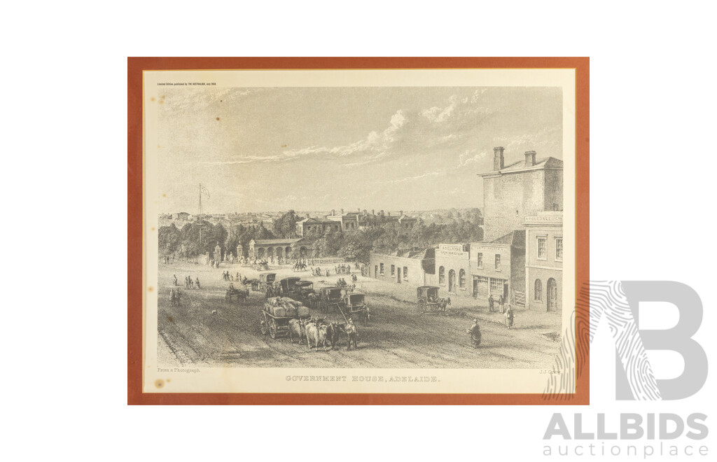 Varied Artists (19/20th Centuries), Sydney, Brisbane, Port Darwin, Govt. House Adelaide and Pitt St, Lot of Five Framed Historical Australian Vintage Prints After Mid-18th Century Engravings, 66H x 82W cm (largest) (5)