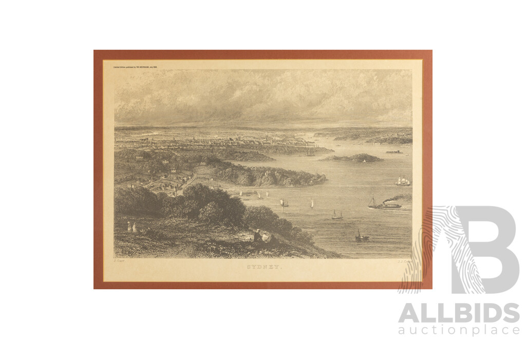 Varied Artists (19/20th Centuries), Sydney, Brisbane, Port Darwin, Govt. House Adelaide and Pitt St, Lot of Five Framed Historical Australian Vintage Prints After Mid-18th Century Engravings, 66H x 82W cm (largest) (5)
