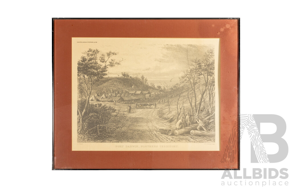 Varied Artists (19/20th Centuries), Sydney, Brisbane, Port Darwin, Govt. House Adelaide and Pitt St, Lot of Five Framed Historical Australian Vintage Prints After Mid-18th Century Engravings, 66H x 82W cm (largest) (5)