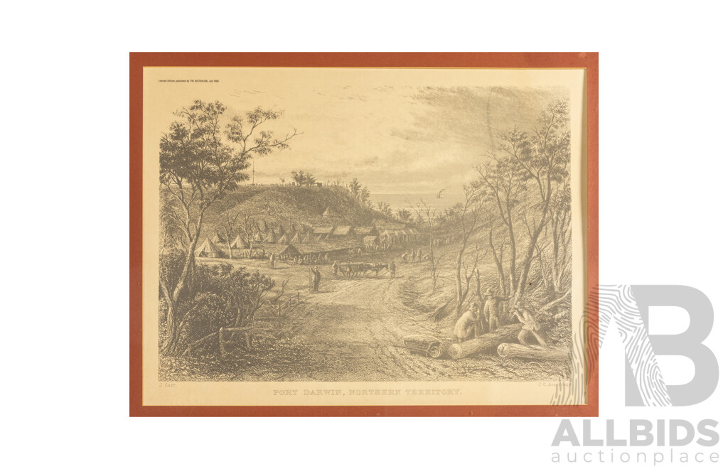 Varied Artists (19/20th Centuries), Sydney, Brisbane, Port Darwin, Govt. House Adelaide and Pitt St, Lot of Five Framed Historical Australian Vintage Prints After Mid-18th Century Engravings, 66H x 82W cm (largest) (5)