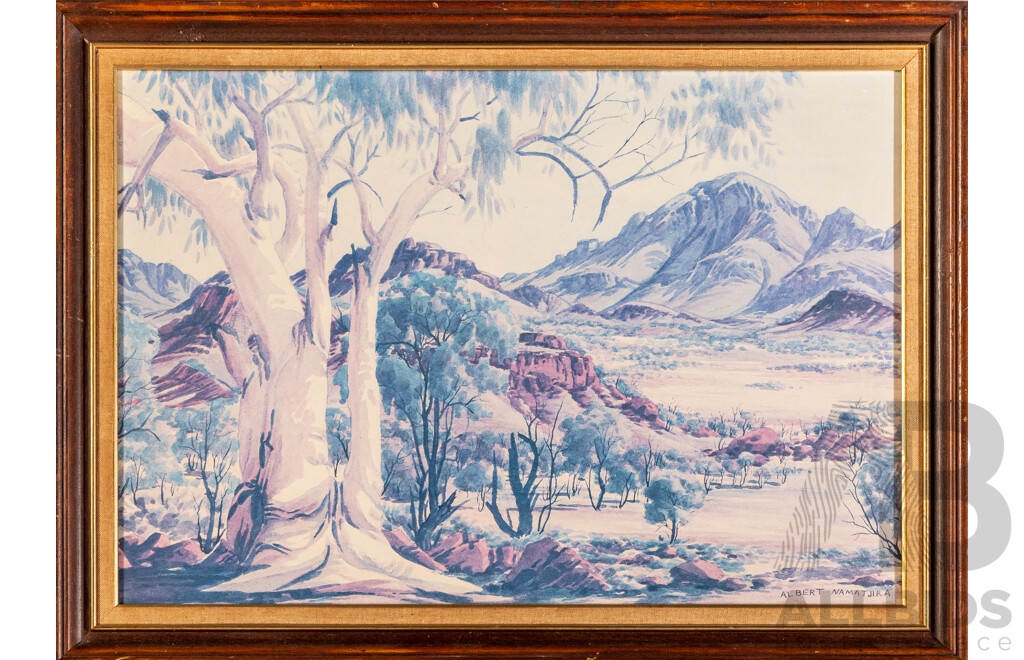 Albert Namatjira (20th Century, Indigenous-Australian, 1902-1959), Aranda Tribal Country, Central Australia, Vintage Reproduction Colour Print After Original Watercolour, 50H x 69W cm (frame)