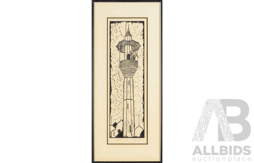 Aida Marini, (20th Century, Lebanese), The Muezzin, Signed & Original Editioned Woodcut, 84H x 36W cm (frame)