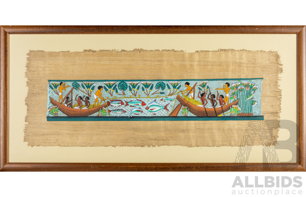 Artist Unknown (20th Century, Egyptian School), Fishing on the Nile, Handmade Papyrus Paper and Coloured Pigment, 103 W x 50 H cm (frame)