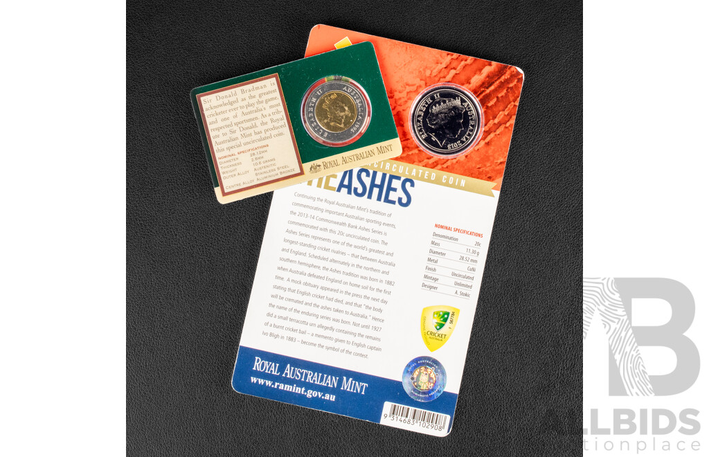Australian 2013 and 1996 20c and $5 Cricket coins.