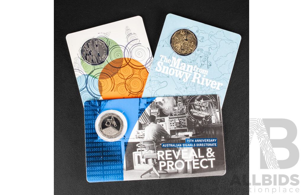 Three Australian Commemorative Fifty Cent Coins 2019 Indigenous Languages, 2020 Man From Snowy River, 2022 75th Anniversary Australian Signal Directorate