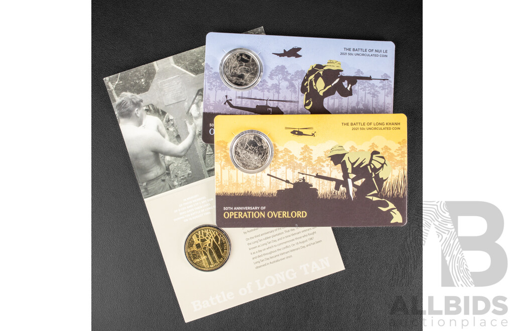 Two Australian 2021 Fifty Cent Coins, Vietnam War, 2016 Five Dollar coin, Vietnam War 