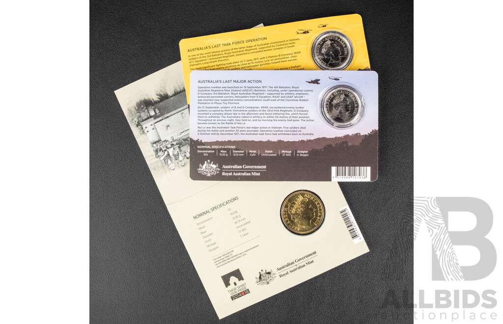 Two Australian 2021 Fifty Cent Coins, Vietnam War, 2016 Five Dollar coin, Vietnam War 