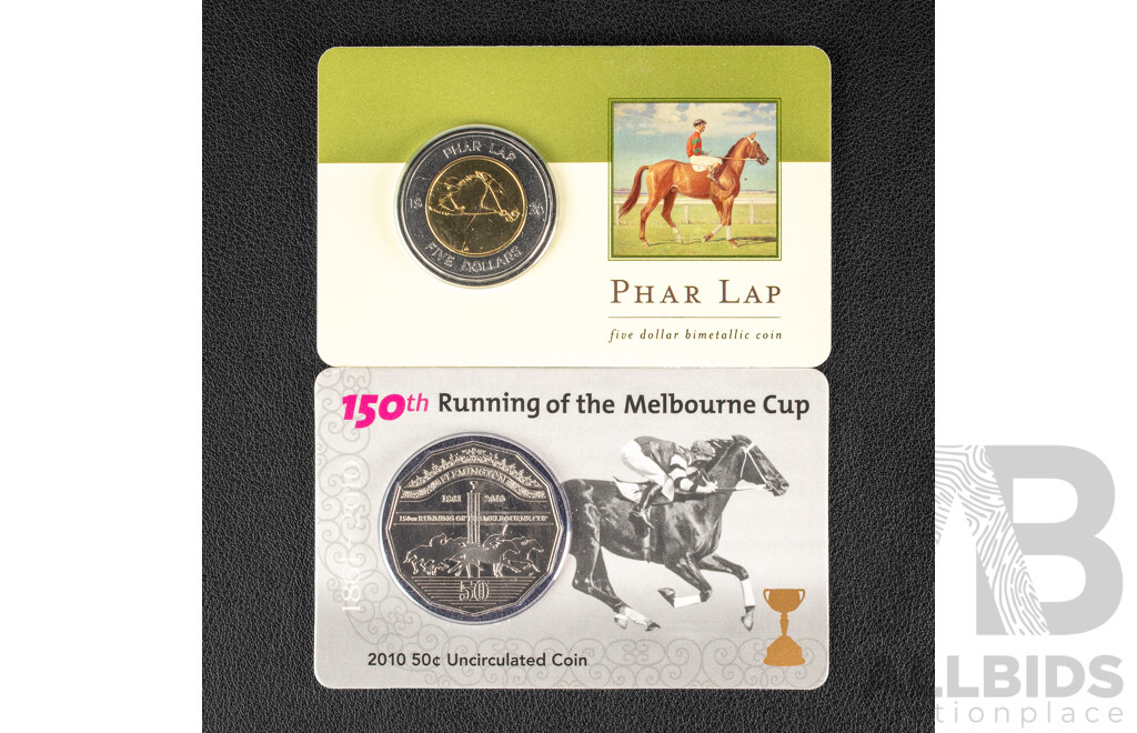 Australian 2000 Five Dollar and 2010 Fifty Cent Coin, Pharlap
