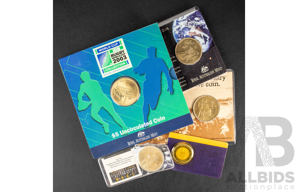 Five Australian Commem orative Five Dollar Coins 1988, 1990, 1992,1994, 2003