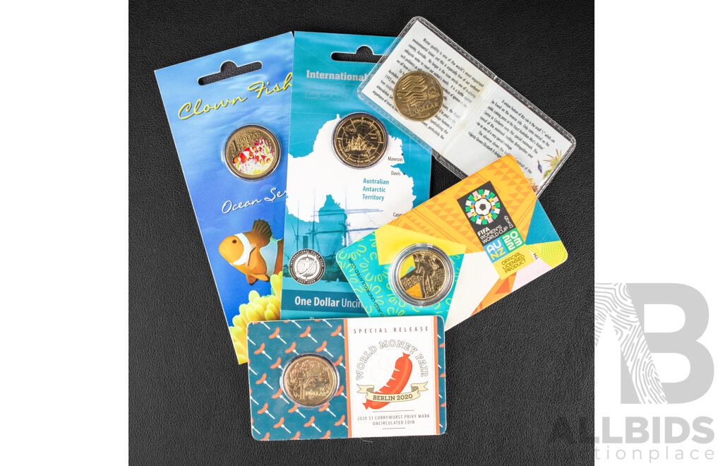 Five Australian Commemorative One Dollar Coins Coins