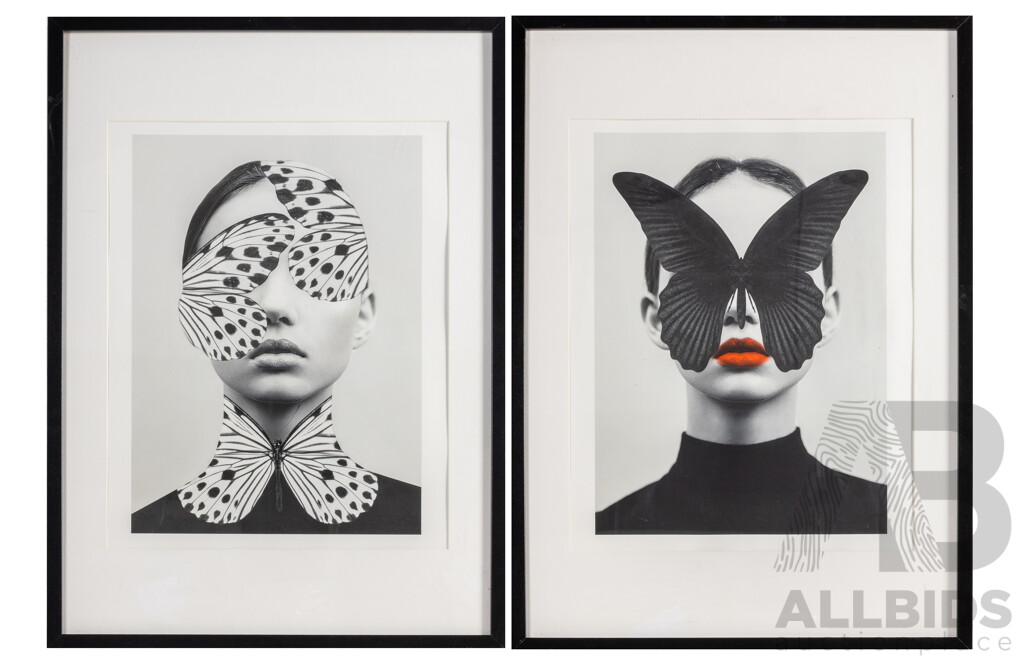 DADA22 (20th Century), Black Butterfly & Woman Butterfly, Pair of Contemporary Digital Photo Collage Prints, 72H x 52W cm (frame) (2)
