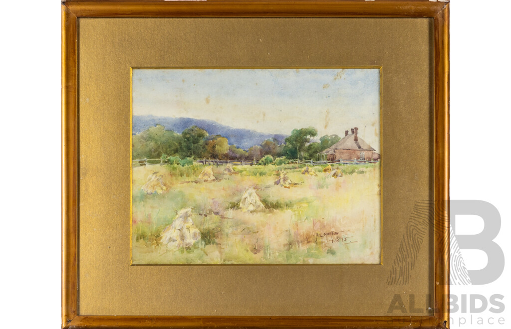 Alice E. Norton (19/20th Centuries, 1865-1958), Hay Fields with Cottage (1875), Original Antique Watercolour, 44H x 52W cm (frame)