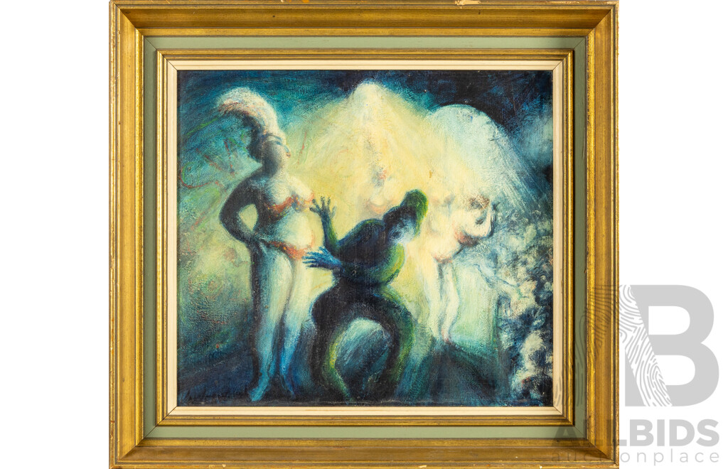 John Underwood, (20th Century, Australian, Active c1980s), The Girlie Show, Original Oil on Canvas, 55H x 60W cm (frame)