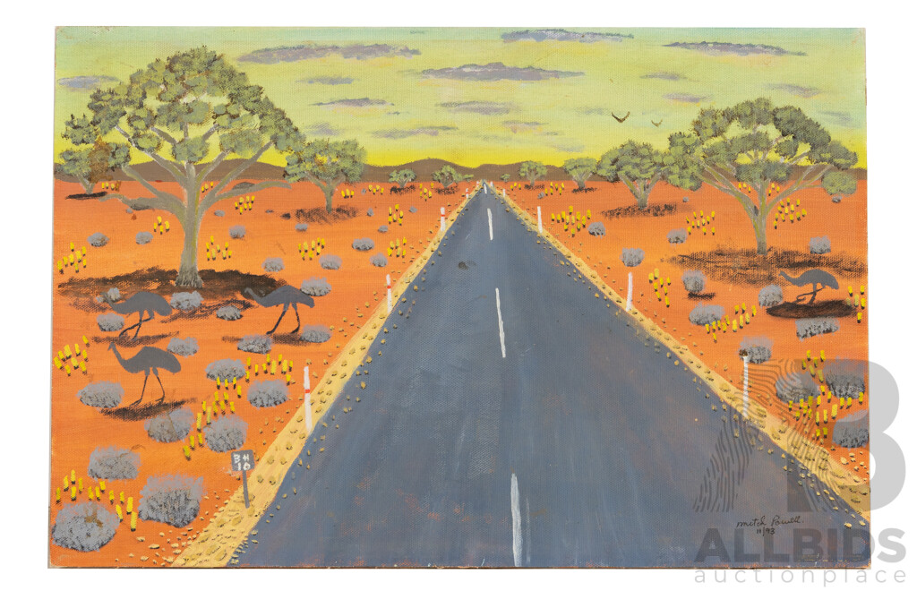 Thomas 'Mitch' Powell, (20th Century, Australian, 1935-2025), Emu's Crossing, Original Vintage on Canvas Board, 30H x 46W cm (frame)
