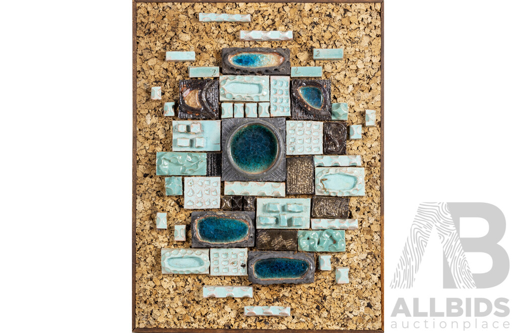 Artist Unknown (20th Century), Volcanic Pool Geometric Relief (c1960s), Original Mid-Century Modern Brutalist Ceramic Mosaic Tiles & Cork, 61H x 46W cm (frame)