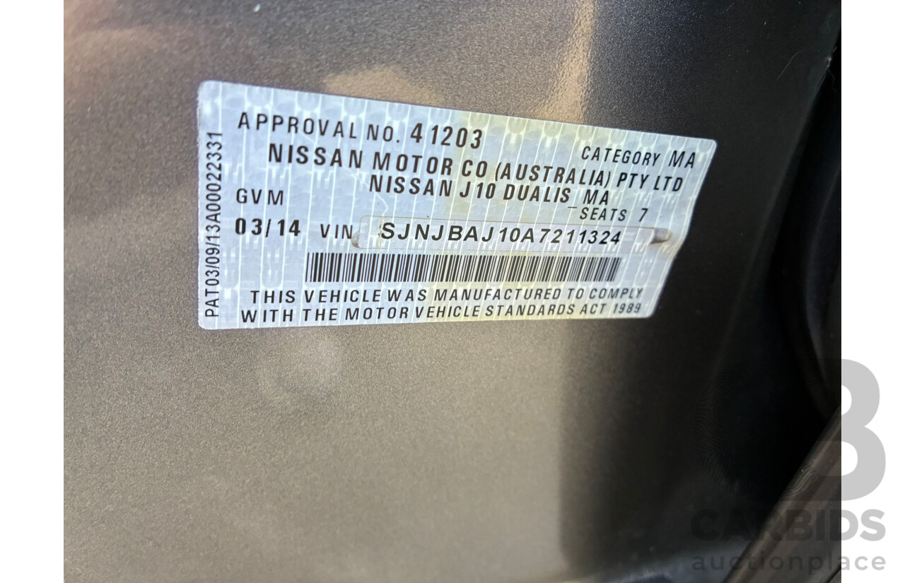 03/2014 Nissan Dualis +2 Ti-L (4x2) J10 Series 3 4d Wagon Grey 2.0L 7 Seats