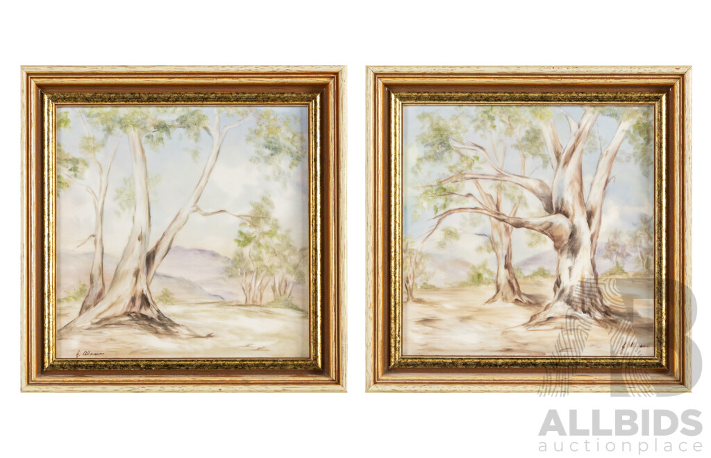 E. Allanson (20th Century, Australian), Ghost Gums I & II (1980), Pair of Original Acrylic Enamel on Italian Tile, 25H x 25W cm (frames) (2)