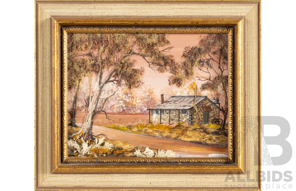 Alison Willis, (20th Century, Australian), Stone Bush Cottage at Twilight, Unique Vintage Mixed Media Australian Ti-Tree Bark, Seaweed & Lichen, 26H x 31W cm (frame)