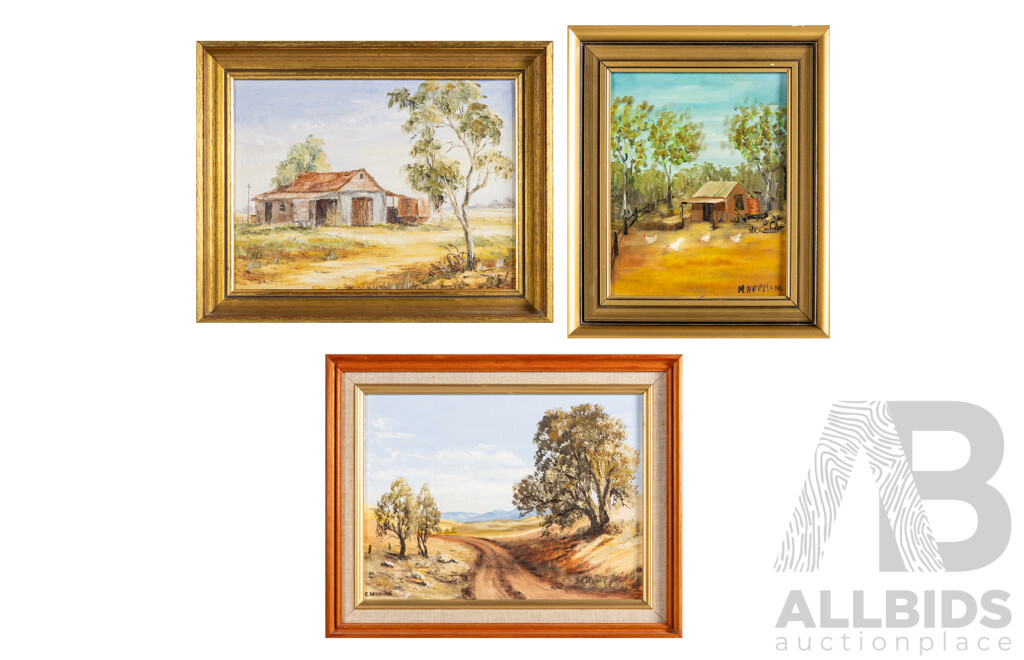 Peaceful Country, On Farm & Chickens Grazing, Trio of Original Vintage Australian Landscapes, Oil on Canvas Boards, 30H x 38W cm (frame largest) (3)