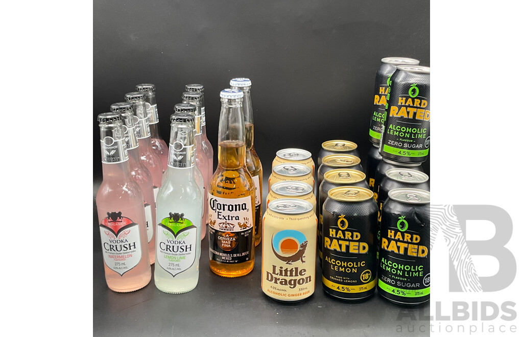HARD RATED Crushed Lemon 375ml (4x), Lemon Lime 375ml (6x), Little Dragon Ginger Beer 330ml  (4x), CORONA Extra 355ml  (2x), Vodka Crush 275ml (8x) - Lot of 24
