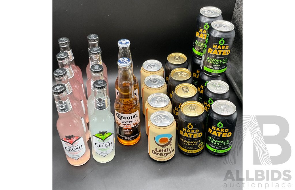 HARD RATED Crushed Lemon 375ml (4x), Lemon Lime 375ml (6x), Little Dragon Ginger Beer 330ml  (4x), CORONA Extra 355ml  (2x), Vodka Crush 275ml (8x) - Lot of 24