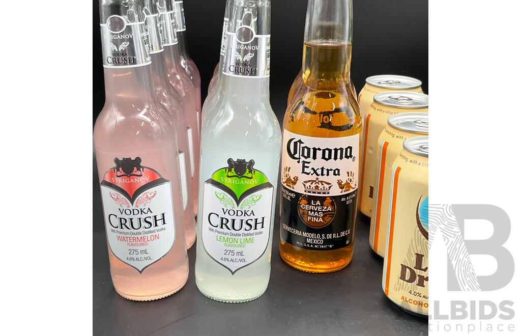 HARD RATED Crushed Lemon 375ml (4x), Lemon Lime 375ml (6x), Little Dragon Ginger Beer 330ml  (4x), CORONA Extra 355ml  (2x), Vodka Crush 275ml (8x) - Lot of 24