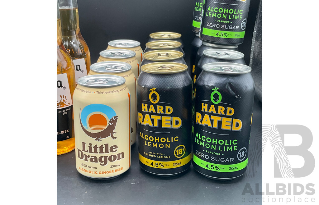 HARD RATED Crushed Lemon 375ml (4x), Lemon Lime 375ml (6x), Little Dragon Ginger Beer 330ml  (4x), CORONA Extra 355ml  (2x), Vodka Crush 275ml (8x) - Lot of 24