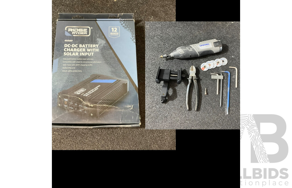 RIDGE RYDER 40 Amp DC-DC Battery Charger (Solar Capable), DREMEL 8220 Rotary Tool Including Items