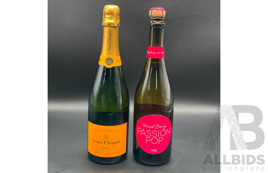 Veuve Clicquot Brut Champagne 750ml, PASSION POP Mixed Berry Sparkling Wine 750ml - Lot of 2