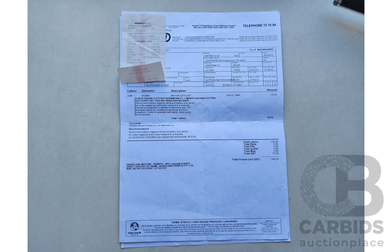 03/2014 Holden Cruze SRi JH MY14 4d Sedan White 1.6L